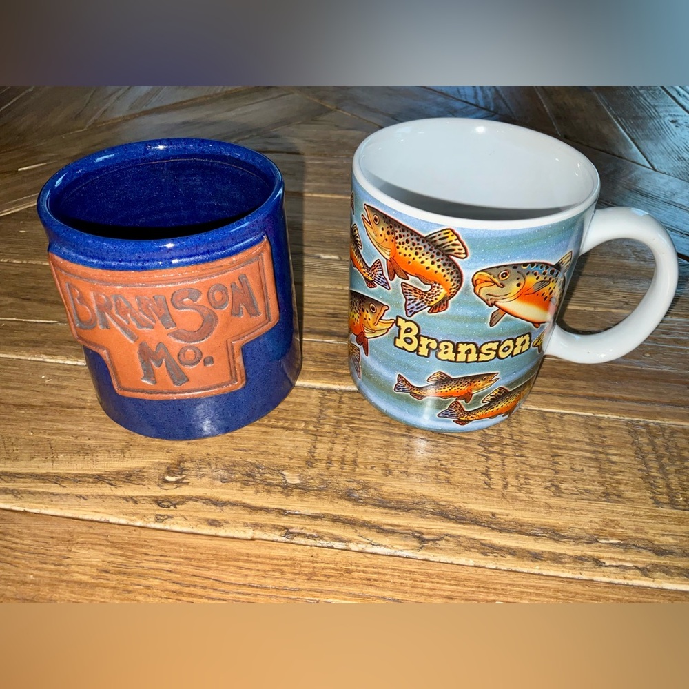 2 Branson, MO souvenir mugs - 1 is a pottery piece & other 1 is a rainbow trout